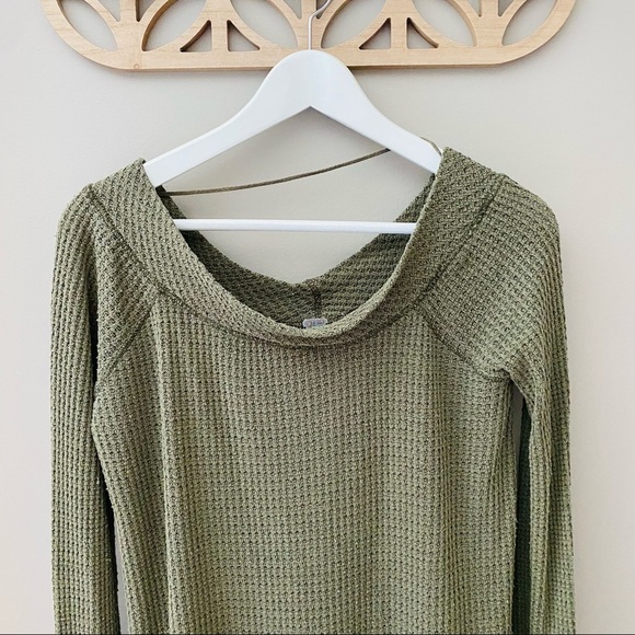 Free People Waffle Knit Split Hem Tunic Top Green Sz Medium - Picture 2 of 8